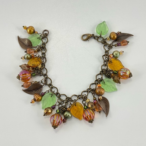 Artisan Jewelry - Fall Pumpkin Charm Bracelet with Pearls, Handmade, Halloween, Thanksgiving